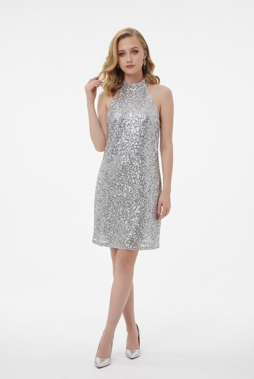 Lovely Grace Silver Sequin Halter Glamorous Party Cocktail Sexy Dress XL